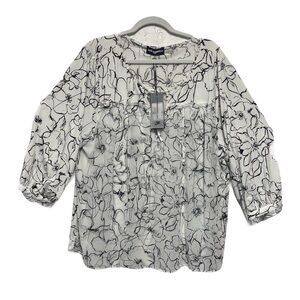 Karl Lagerfeld Black White Floral Pearl Neckline Blouse